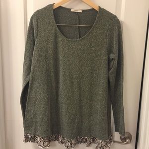 Green Easel Sweater Tunic with Floral Ruffle